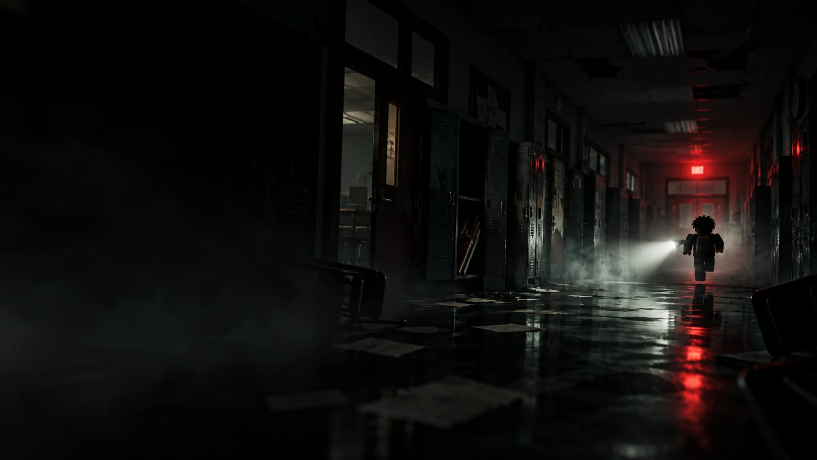A dark school hallway from the Scream And Run guide artwork